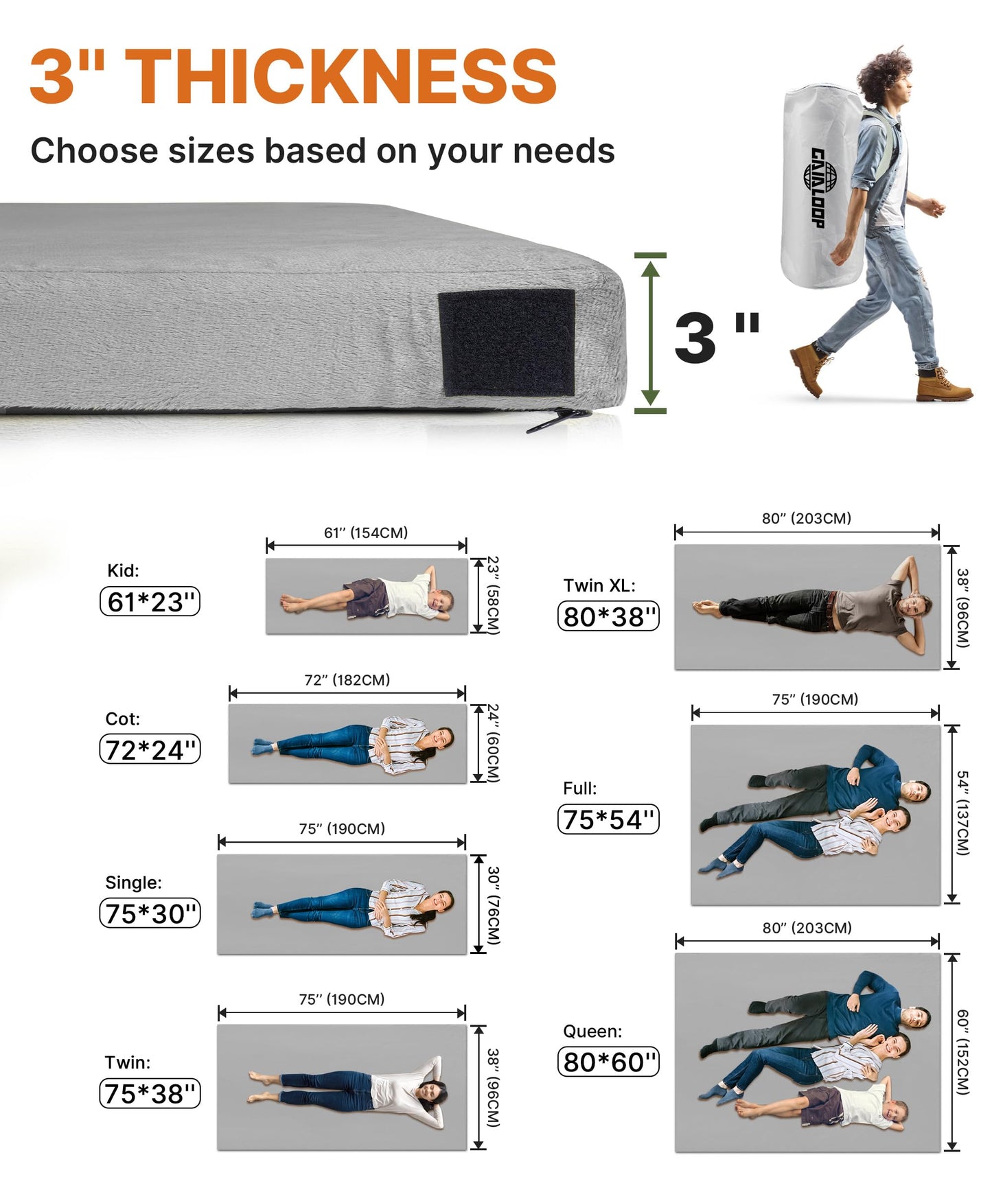 Gaialoop 3 Inch Memory Foam Camping Mattress, Dual Layer Thick Sleeping Camp Pad for Car Tent Cot, Roll-Up Portable Glamping Floor Bed for Guests Sleepover[Cot: 72 * 24 * 3"]