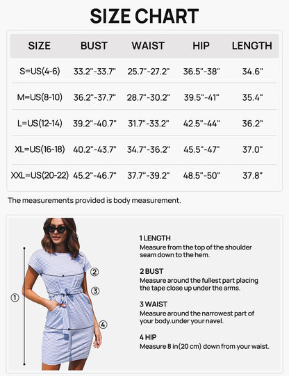 MEROKEETY Women's Summer Striped Short Sleeve T Shirt Dress Casual Tie Waist Midi Dress Darkgrey