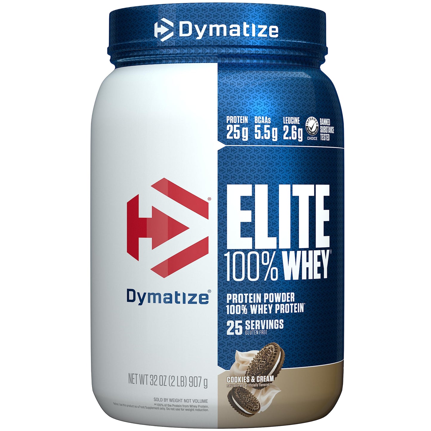 Dymatize Elite 100% Whey Protein Powder, 25g Protein, 5.5g BCAAs & 2.7g L-Leucine, Quick Absorbing & Fast Digesting for Optimal Muscle Recovery, Cookies & Cream, 2 Pound, 25 Servings