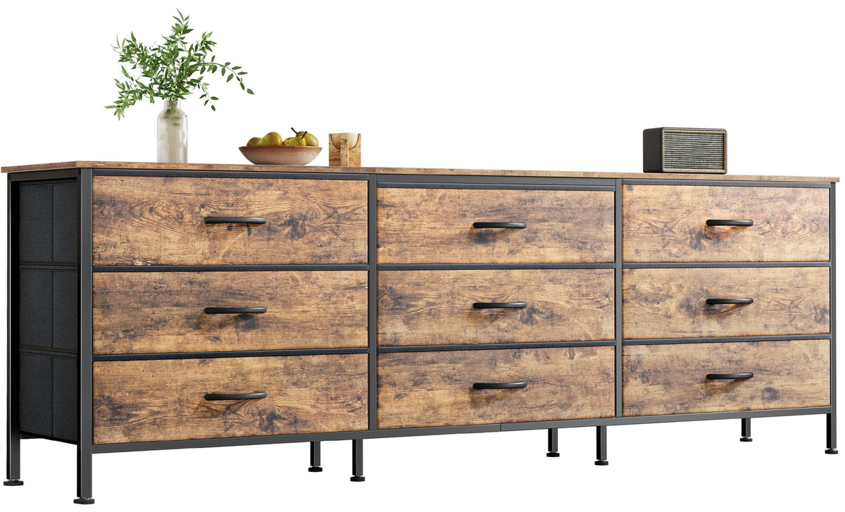 Huuger 63 Inch Dresser for Bedroom, Dresser for Closet with 9 Drawers, Large TV Stand for 55, 65, 70 Inch TV, Entertainment Center with Storage, Wide Long Chest of Drawers, Rustic Brown