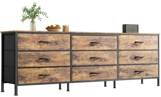 Huuger 63 Inch Dresser for Bedroom, Dresser for Closet with 9 Drawers, Large TV Stand for 55, 65, 70 Inch TV, Entertainment Center with Storage, Wide Long Chest of Drawers, Rustic Brown