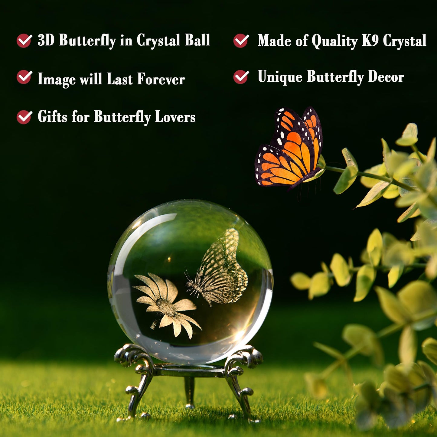 IFOLAINA 3D Butterfly Crystal Ball 60mm Gifts Ideas for Girlfriend Wife Mom Couple Her Butterfly on Sunflower in Glass Ball with Stand Flower Sphere Novelty Home Decor