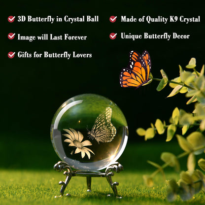 IFOLAINA 3D Butterfly Crystal Ball 60mm Gifts Ideas for Girlfriend Wife Mom Couple Her Butterfly on Sunflower in Glass Ball with Stand Flower Sphere Novelty Home Decor
