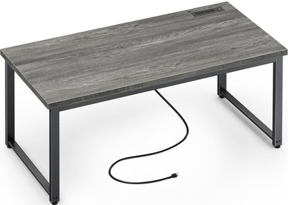 Huuger 55 x 24 inch Desk with Power Outlets & USB-C, Deeper & Thicker Desktop, Robust Metal Tubes, Computer Desk, Heavy Duty Office Desk, Work Gaming Desk for Home Office, Grey