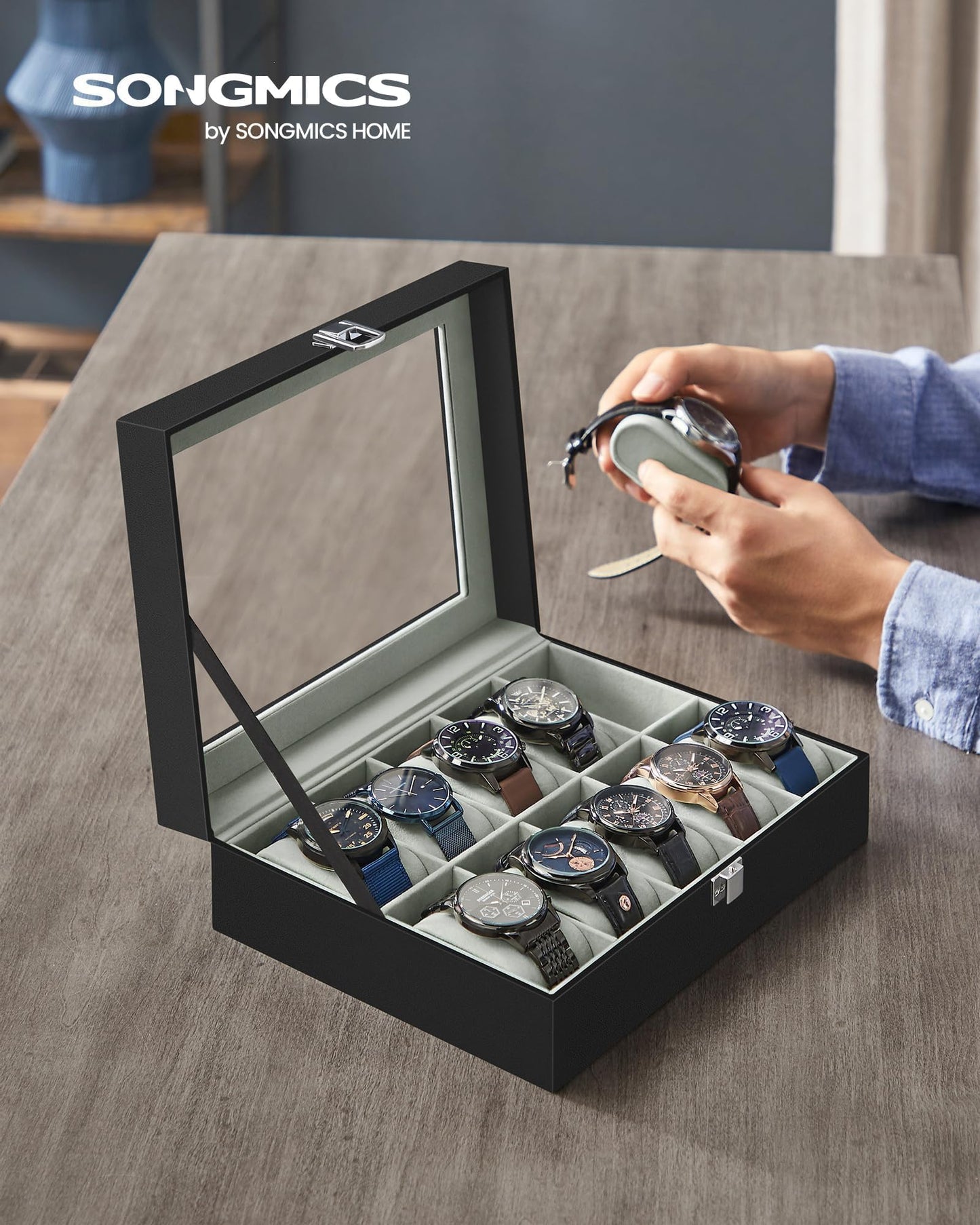 SONGMICS Watch Box, 10-Slot Watch Case with Large Glass Lid, Removable Watch Pillows, Watch Box Organizer, Gift for Loved Ones, Black Synthetic Leather, Gray Lining UJWB010BK