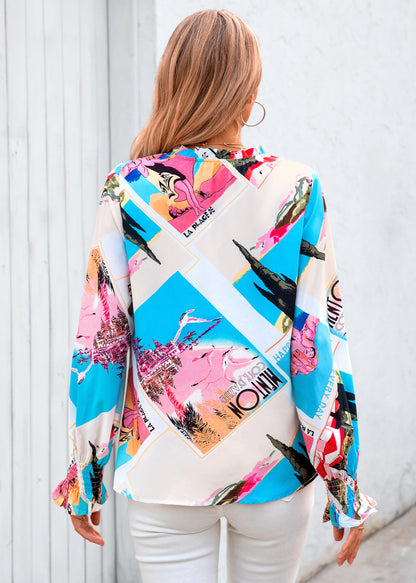 MASCOMODA Womens V Neck Floral Long Sleeve Tops 2024 Summer Casual Loose Puff Sleeve Chiffon Boho Work Blouse Dressy T Shirts(Graphic Print,Small)