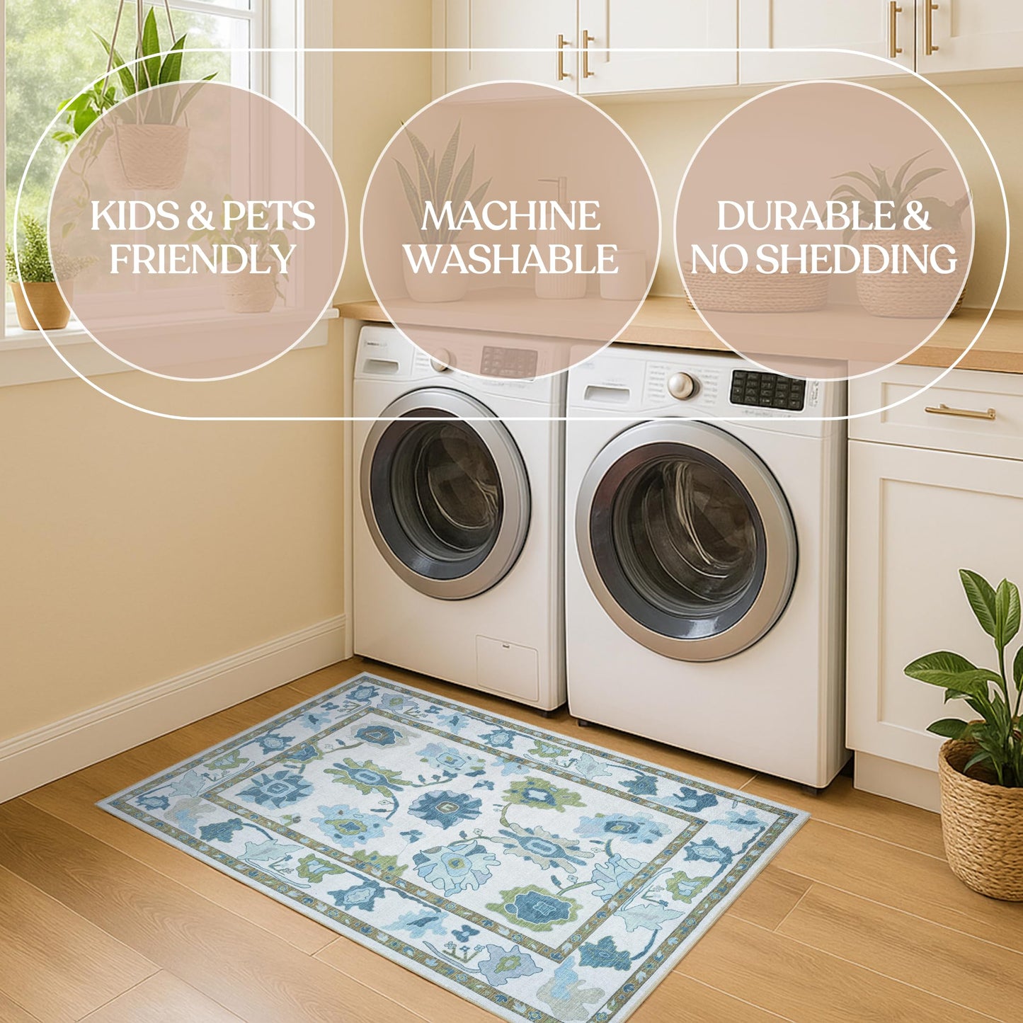 Fame Living Green Oushak Rug, Modern, Vintage, Turkish, Eclectic, Floral, Pastel, Washable, Area Rugs for Living Room, Dining, Bedroom, Nursery, Girls, Boys, 5'9"x8'9"