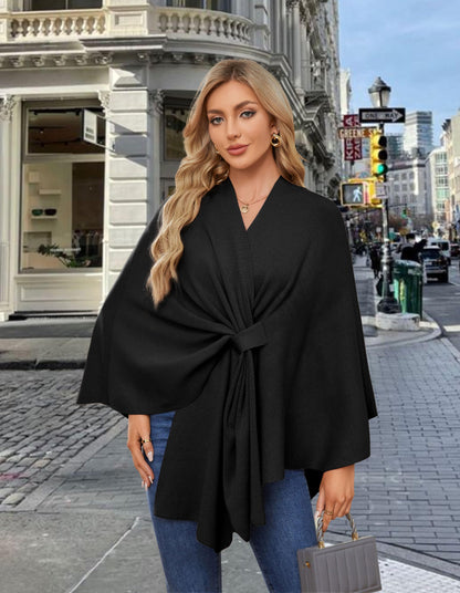 PULI Women's Elegant Shawl Wraps Soft Open Front Poncho Sweater for Spring Fall Winter Black