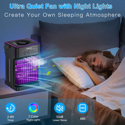 Portable Air Conditioners, 2025 Upgraded 4-IN-1 Portable AC Unit with 3 Cool Mist &Speeds, 7 Night Light & 2-8H Timer Evaporative Air Cooler, Personal Mini Air Conditioner for Bedroom, Camping, Office
