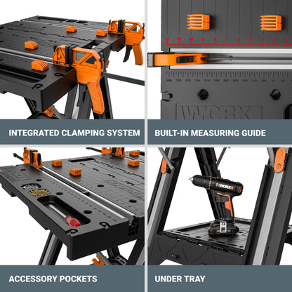 Worx Pegasus 2-in-1 Folding Work Table & Sawhorse, Easy Setup Portable Workbench, 31" W x 25" D x 32" H Lightweight Worktable with Heavy-Duty Load Capacity, WX051 - Includes 2 Clamps & 4 Clamp Dogs