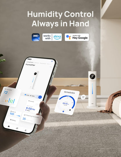 DREO HM735S 11L Smart Humidifier Large Room 700 ft², 100H Cool Mist Air Humidifiers for Bedroom, Top-Fill, Clean Tank Technology, 26dB, Auto Mode, Aroma Box, RGB, Remote & APP Control, Baby, White