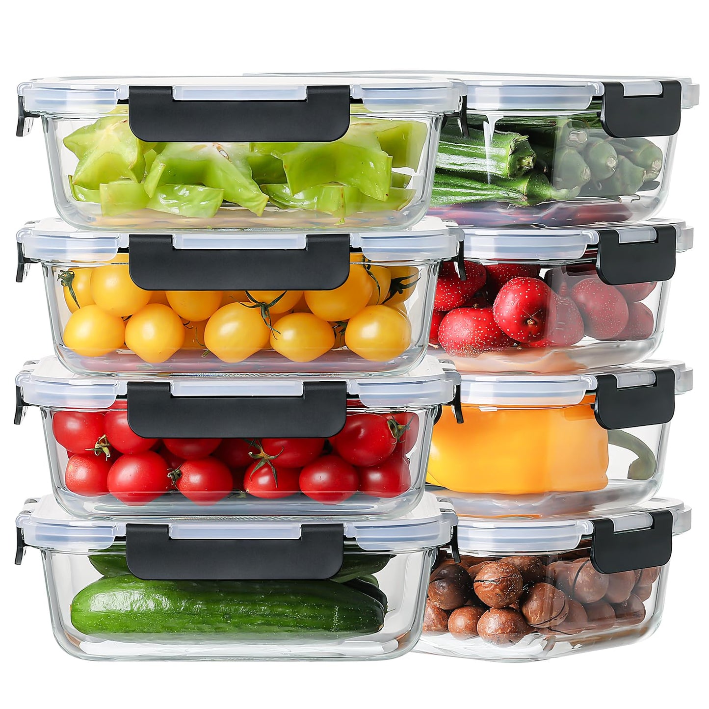 8 Pack 36oz Large Glass Meal Prep Containers with lids, Glass Food Storage Containers with Leak Proof Snap Lock Lids , Airtight Bento lunch Boxes, Kitchen Storage, Oven, Freezer and Dishwasher Safe