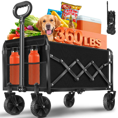 Wagons Carts Foldable, Collapsible Wagon, Foldable Wagon Cart with Wheels, Folding Wagons for Beach Camp Sports Garden, 2 Cup Holders/Lightweight Portable/Black/360 LBS
