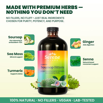 Serene Herbs - Soursop Bitters Liquid - Organic Herbal Sour SOP Guanabana Detox with Black Seed, Moringa & Ginger - Supports Digestive Wellness & Immune Function - 16 fl oz