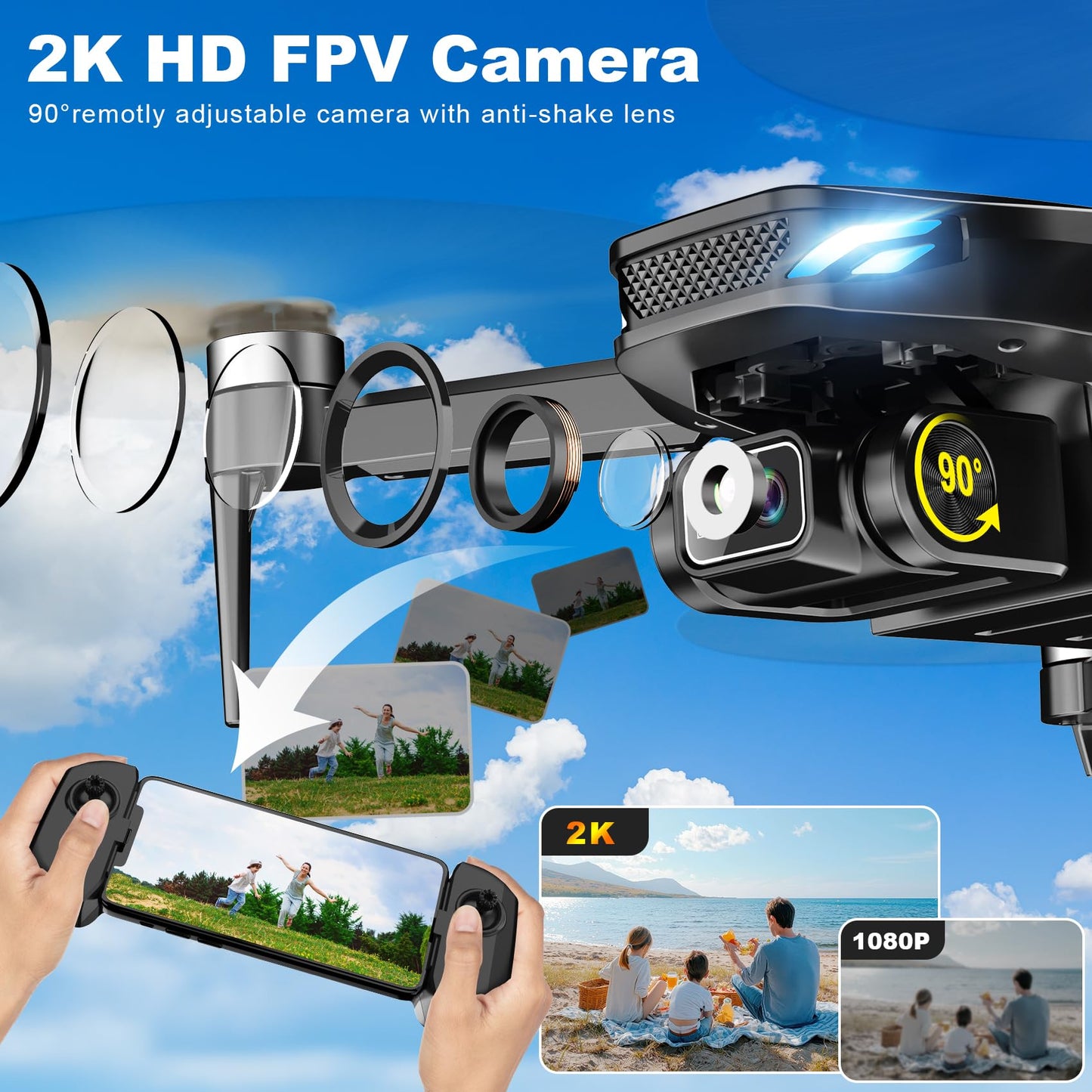 Drone with Camera for Adults, 2K HD GPS Drones with Auto Return, Follow Me, Circle Fly, Waypoint Fly, Stable Hover, Brushless Motor, Foldable 5G Transmission FPV Quadcopter