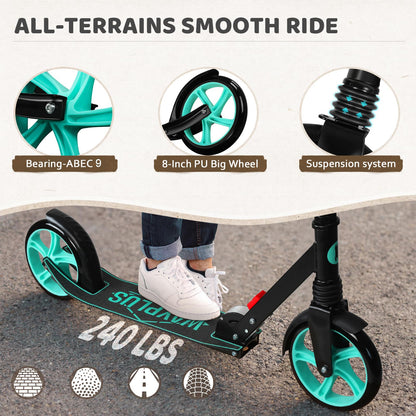 WAYPLUS Aquas Kick Scooter for Kids, Teens & Adults - Foldable, Lightweight, 8-Inch Non-Slip Deck, ABEC9 Bearings, Adjustable Height, Lifetime Service