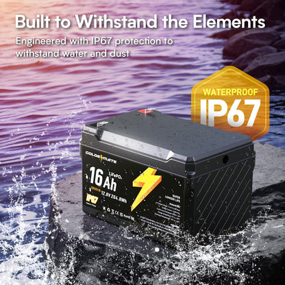GOLDENMATE 12V 16Ah LiFePO4 Battery, IP67 Waterproof, 12V Lithium Battery w/ 5000+ Deep Cycles, Built-in BMS, Premium Lithium Iron Phosphate Cell, Ideal for Solar, Marine, Fishfinder, Off-grid camping