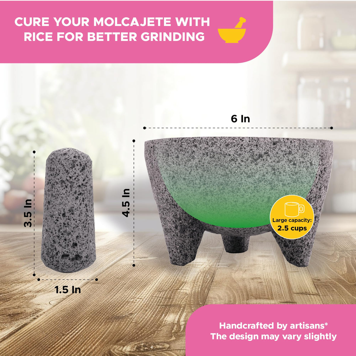 Molcajete 6 in Mexican, Handmade with Natural Volcanic Stone, Artisanal Kitchen Utensil for Grinding with Pores for Crushing, Specially Designed for Grinding Spices, Sauces, and Guacamole