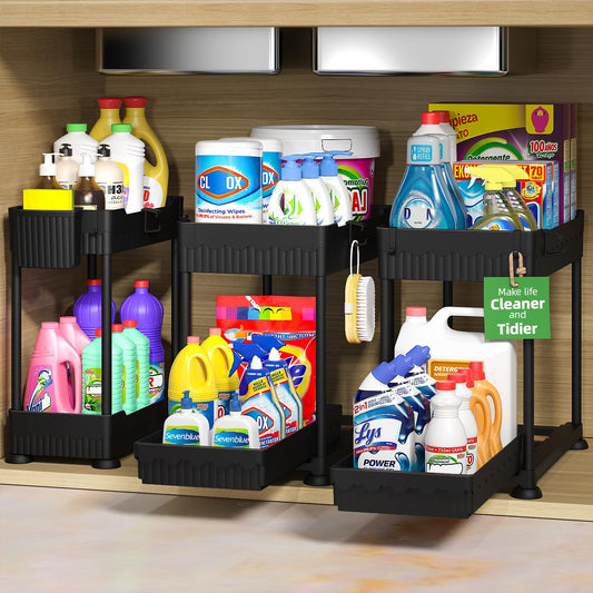 Sevenblue 3 Pack Under Sink Organizers, 2-Tier Multi-Use Kitchen and Bathroom Organizers and Storage with Sliding Drawers，Bathroom Cabinet Organizer (Black, 12.8 Inch)