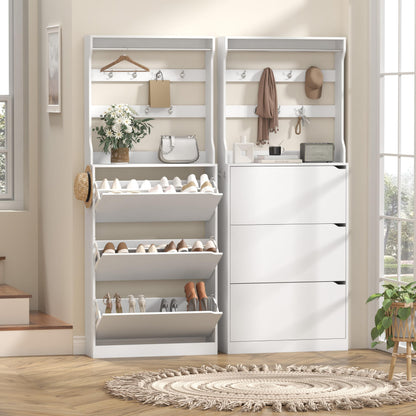 Wodeer Tall Shoe Cabinet with Coat Rack, Hidden Shoe Storage Cabinet with Doors & Drawer, Hanging Bar & Hooks, Slim Narrow Freestanding Shoe Rack Organizer for Entryway, Hallway & Living Room, White