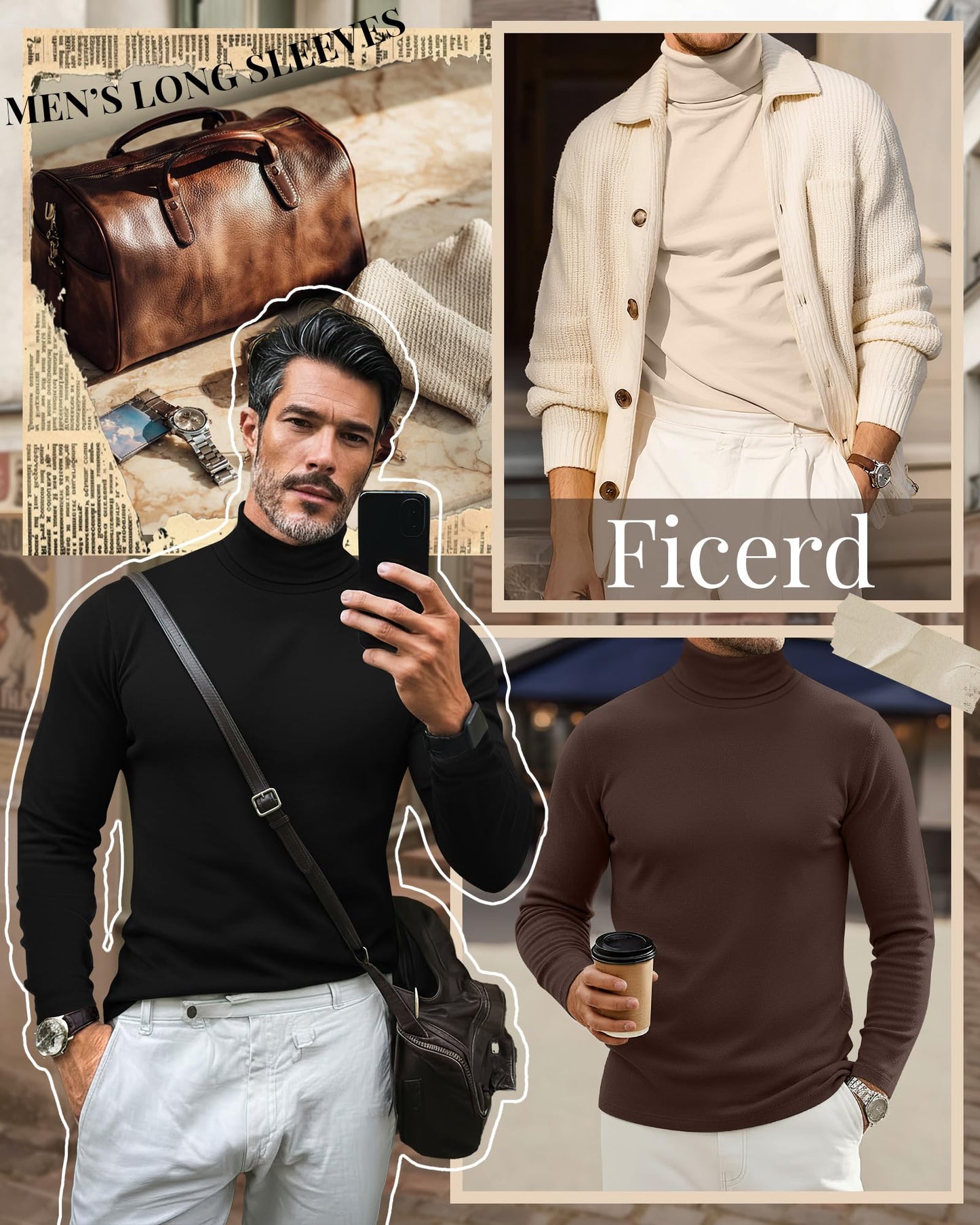 Ficerd 3 Pack Men's Turtleneck Shirts, Long Sleeve Cotton Pullover Sweaters Mock Neck Knitted T Shirt Basic Slim Fit Tee Tops(Black, Brown, Apricot,X-Large)