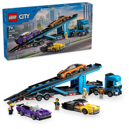 LEGO City Car Transporter Truck with Sports Cars, 4 Vehicle Car Toy Set for Kids Ages 7 and Up, Fun Kids Gift Ideas for Holiday or Birthday, Creative Toys, 4 Minifigures for Imaginative Play, 60408