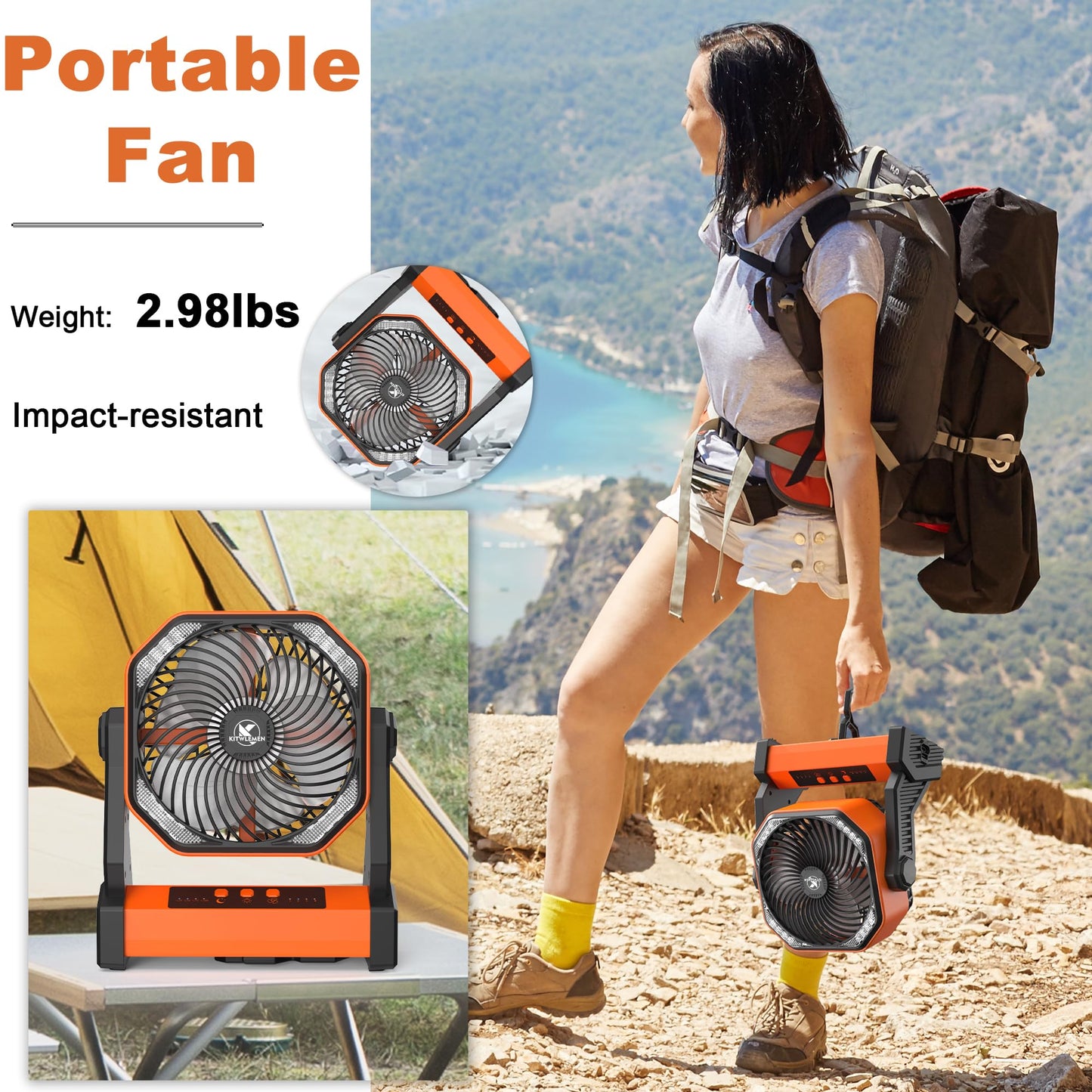 KITWLEMEN Camping Fan with LED Lantern, 20000mAh Rechargeable Battery Operated Outdoor Tent Fan with Light & Hanging Hook, 4 Speeds, Personal USB Desk Fan for Camping, Power Outage, Hurricane, Jobsite