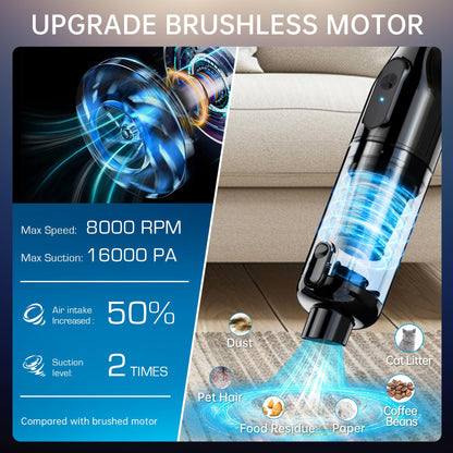 Cordless Handheld Vacuum, Rechargeable Car Vacuum with 16000Pa Powerful Suction, Ultra-Lightweight 1.3lbs, Brushless Motor, Multiple Accessories for Home Office Car Pets Cleaning