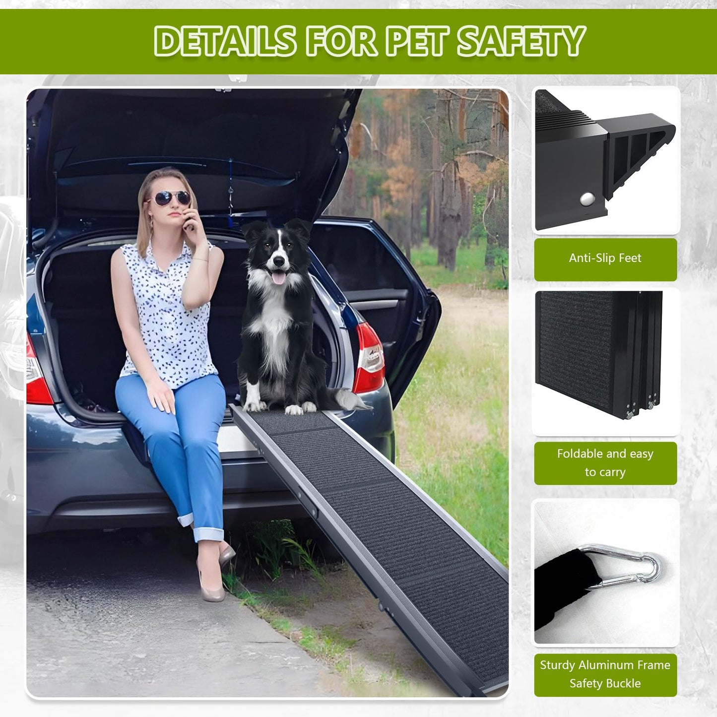 RUBLELITIE Dog Ramp for Cars SUV Truck-17.3x71in Heavy Duty Foldable Wide Outdoor Pet Stairs with Non-Slip Surface Portable Folding Design for Large Dogs Up to 250lbs (71" L x 17.3" W)