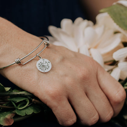 Mother Daughter Bangle Bracelets in Stainless Steel | Sterling Silver Dandelion Charm | Valentine's Day Gift for Her