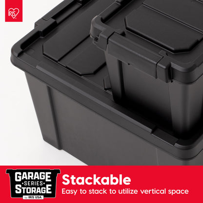 IRIS USA 20 Gallon Lockable Storage Bins with Lids, 6 Pack - Made in USA, Heavy Duty, Stackable Containers, Garage Organizing Bins Moving Tubs, Rugged Sturdy Equipment Utility Box - Black