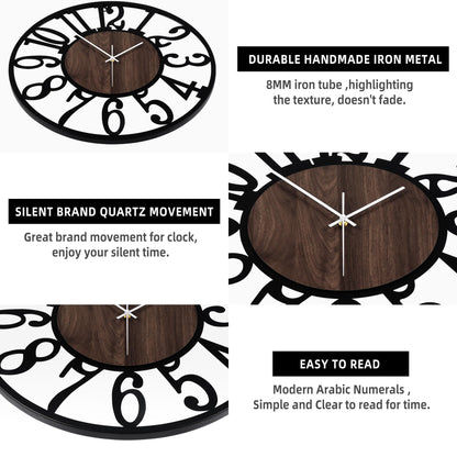 LEIKE Large Wall Clocks,Silent,Non Ticking,Battery Operated Rustic Round Modern Big Wood Wall Clock for Living Room, Bedroom,Kitchen,Farmhouse,Office,Home Decor-16 Inch(Black-Arabic Number)