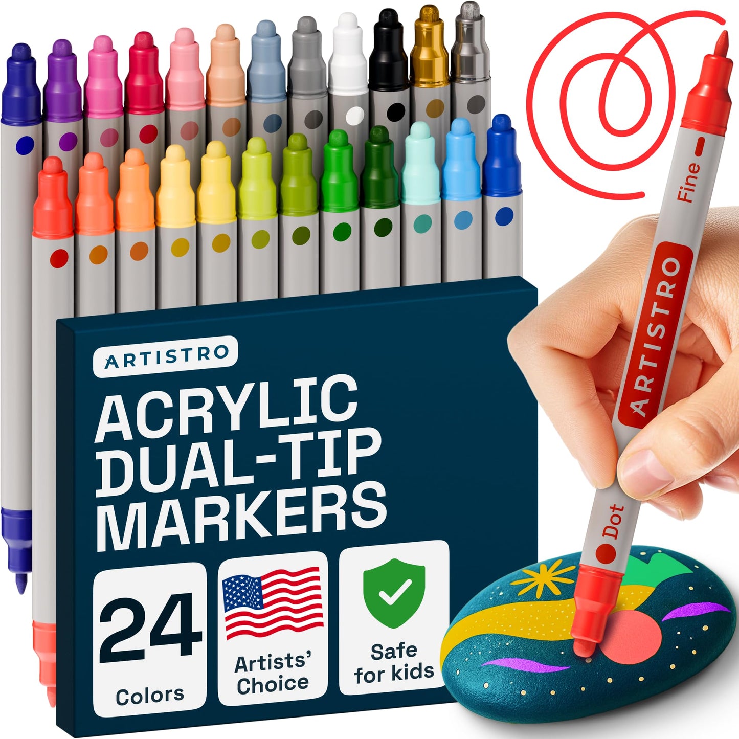 ARTISTRO Vibrant Acrylic Paint Markers for Rock, Fabric, Glass, Wood, Paper, Ceramic, Canvas & More - 24 Dual-Tip Paint Pens (Dot & Fine) - Quick Dry, Teacher Classrooms Must Have, Drawing Markers