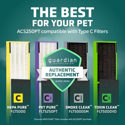GermGuardian 5-In-1 HEPA Air Purifier for Home, Large Rooms Up To 915 Sq. Ft. with HEPA Pet Air Filter, UV-C Light & Odor Reduction, AC5250PT, 28" Tower, Black