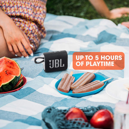 JBL Go 3 - Portable Mini Bluetooth Speaker, big audio and punchy bass, IP67 waterproof and dustproof, 5 hours of playtime, speaker for home, outdoor and travel (Black)