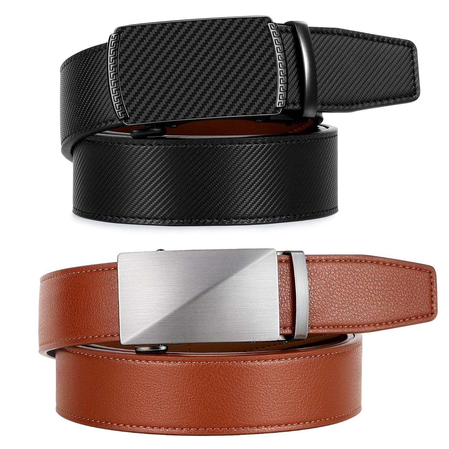 Zitahli Ratchet Belt for Men - Mens belt Leather 2 Packs with 1 3/8" Brown Black Slide Belt in Gift Set Box - Micro Adjustable Men Belt Buckle Fit Everywhere Size 34"-48"