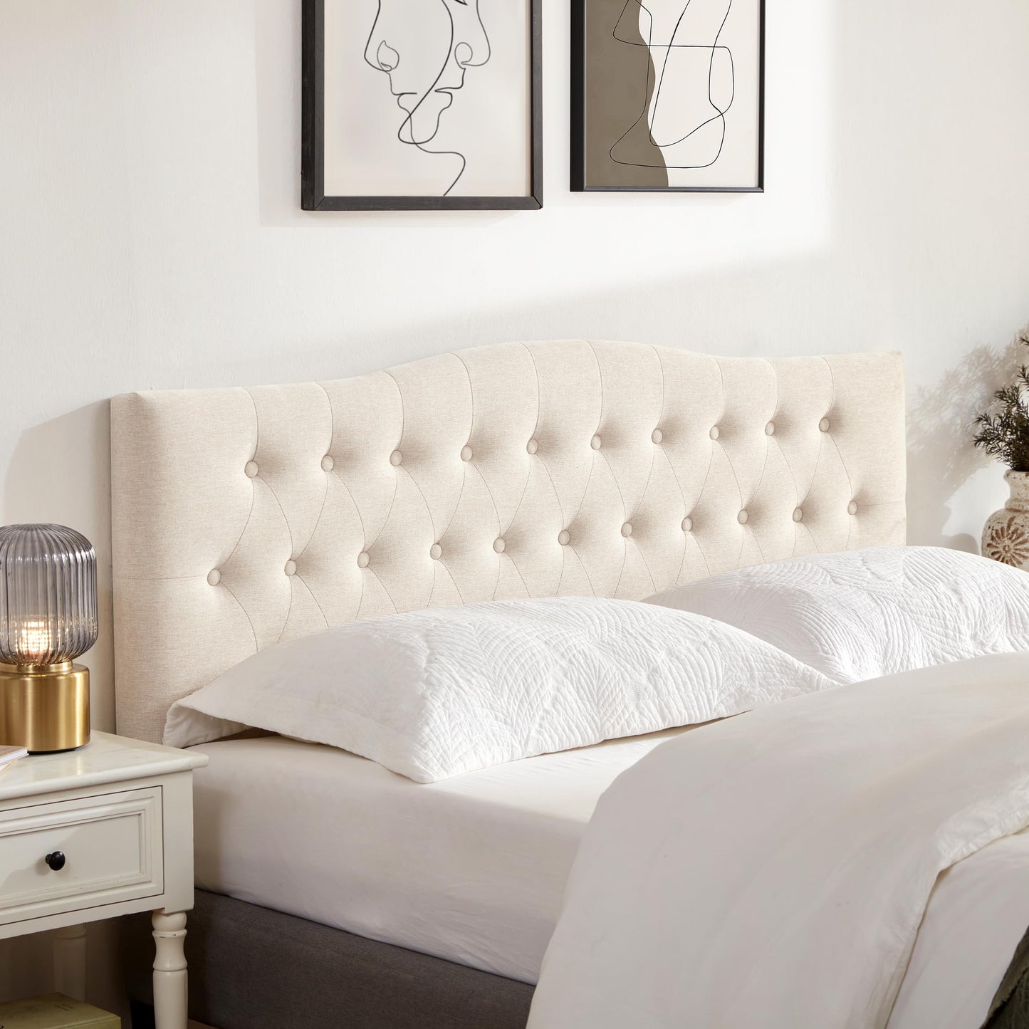 Huatean Home Tufted Upholstered Headboard Queen Size, Sturdy and Durable Solid Wood Bed headboard, Fabric Headboard Adjustable Height from 37” to 51”, Modern Button Diamond Design Head Board, Beige