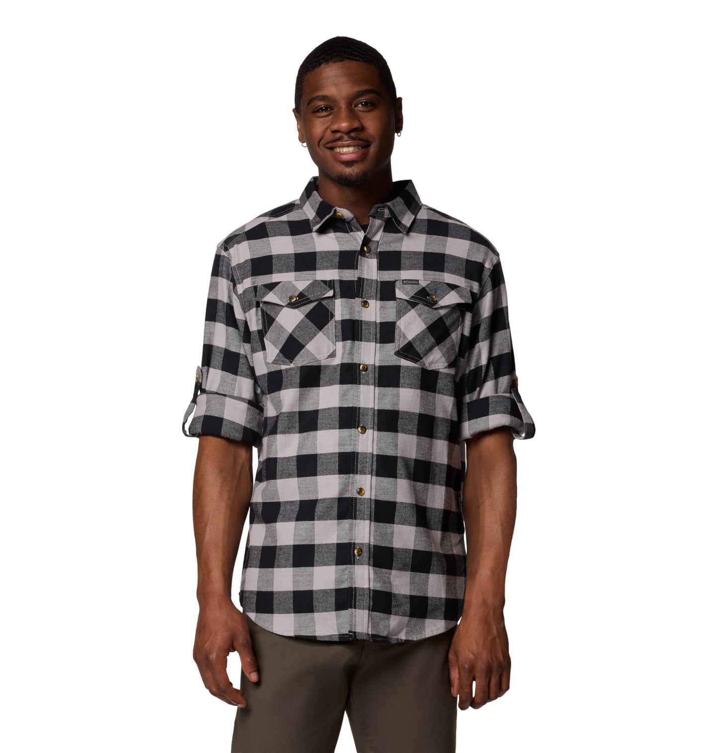 Columbia Men's Bearmouth Springs Roll Up Long Sleeve Flannel Shirt, Columbia Grey Buffalo Check, Large