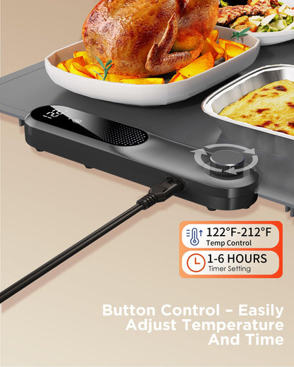 FEPPO Food Warming Mat, (XXL 35”x16”) Electric Warming Trays for Buffets Party, Fast Full-Surface Heating Mat for Food with 19 Level Adjustable Temperature and 6 Hours Timer, Roll Up Food Warmer