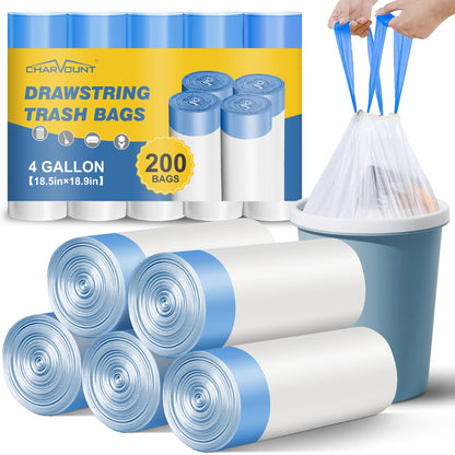 Charmount Small Trash Bags 4 Gallon, 200 Count Drawstring Mini Garbage Bags, Plastic Trash Can Liners for Bathroom Accessories, Bedroom, Dorm Room Essentials, Office