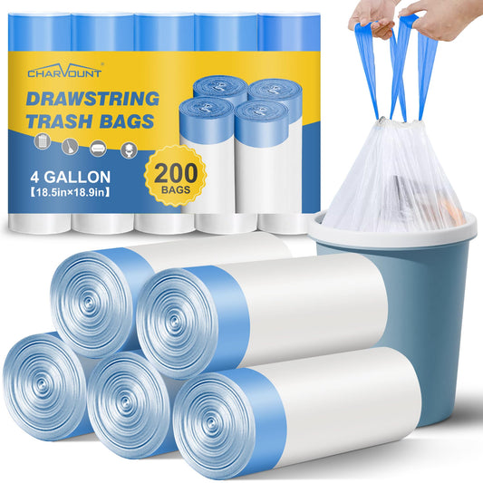 Charmount Small Trash Bags 4 Gallon, 200 Count Drawstring Mini Garbage Bags, Plastic Trash Can Liners for Bathroom Accessories, Bedroom, Dorm Room Essentials, Office