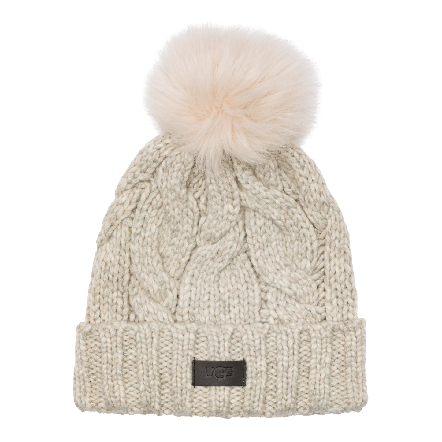 UGG Knit Cable Beanie with Faux Fur Pom Light Grey One Size