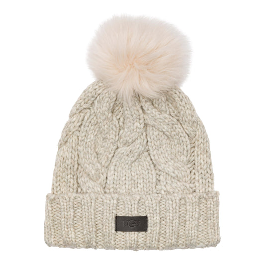 UGG Knit Cable Beanie with Faux Fur Pom Light Grey One Size