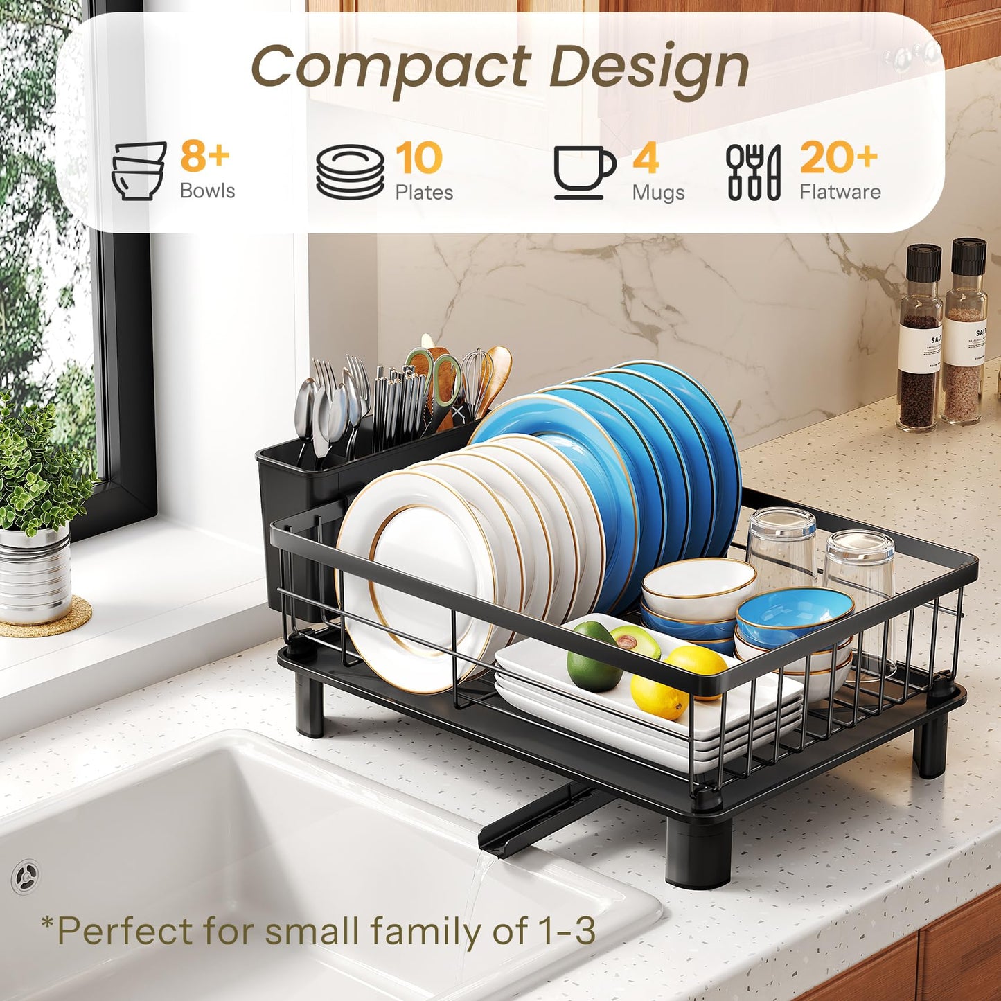 Dish Drying Rack - Small Dish Rack for Kitchen Counter, Stainless Steel Dish Drainer with Utensil Holder and Drainboard (Black)