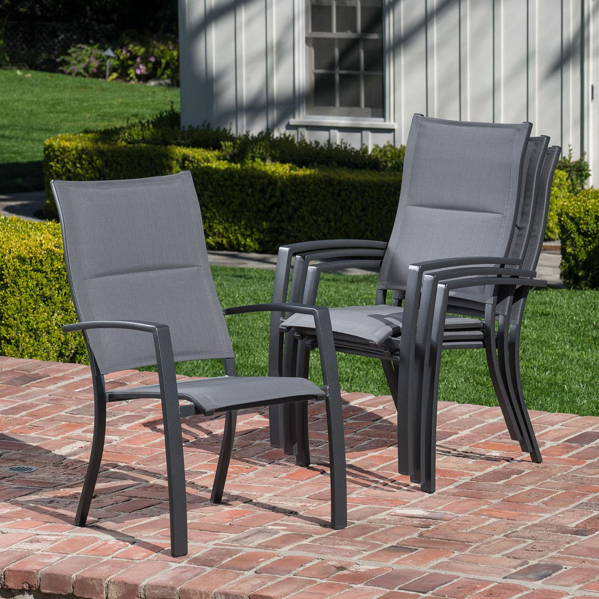 Hanover Naples 5-Piece Outdoor Dining Set with 38'' Rust Resistant Aluminum Square Dining Table and Grey Stackable Sling Chairs, Modern Space Saving All-Weather Patio Dining Set for 4