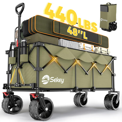 Sekey 48''L Collapsible Foldable Extended Wagon with 440lbs Weight Capacity, Heavy Duty 300L Folding Utility Garden Cart with Big All-Terrain Beach Wheels & Drink Holders. Khaki