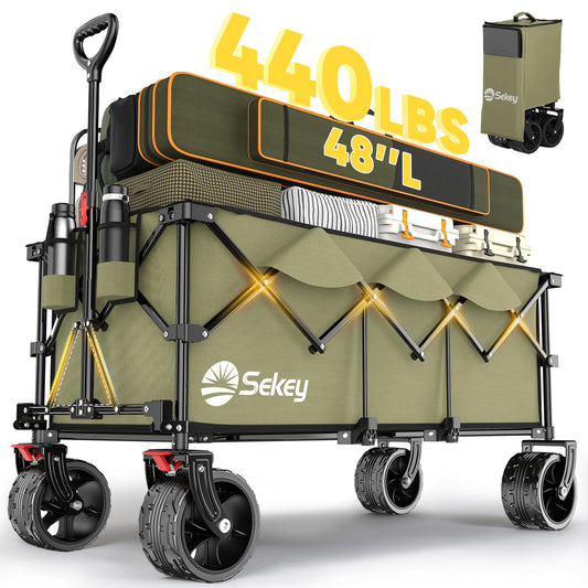 Sekey 48''L Collapsible Foldable Extended Wagon with 440lbs Weight Capacity, Heavy Duty 300L Folding Utility Garden Cart with Big All-Terrain Beach Wheels & Drink Holders. Khaki