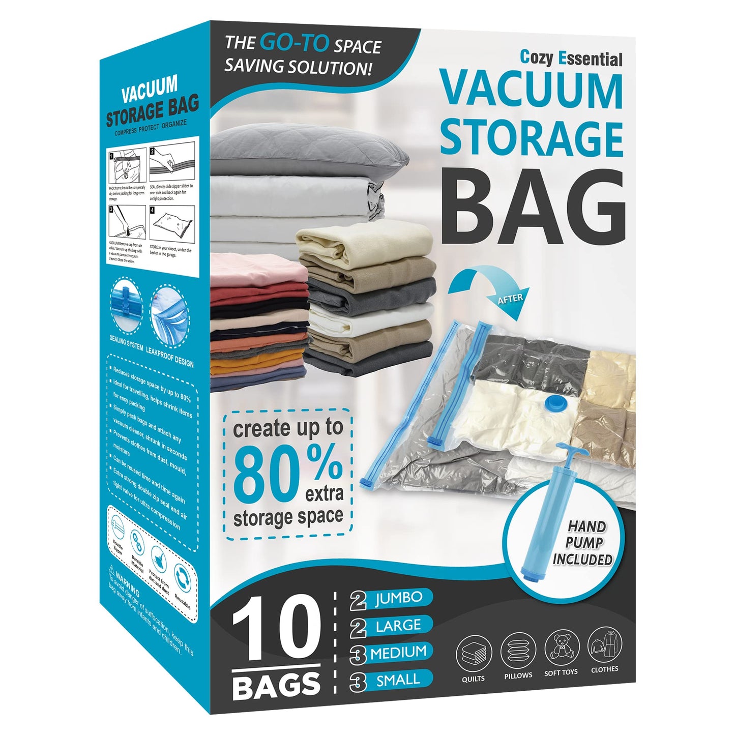 10 Pack Vacuum Storage Bags, Space Saver Bags (2 Jumbo/2 Large/3 Medium/3 Small) Compression Storage Bags for Comforters and Blankets, Vacuum Sealer Bags for Clothes Storage, Hand Pump Included