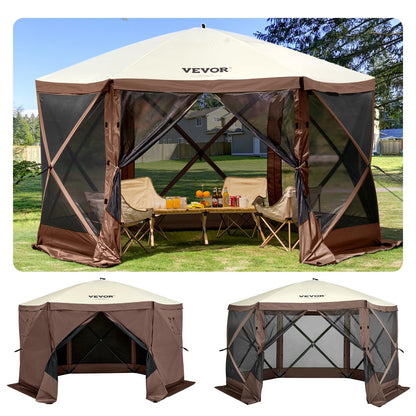 VEVOR Pop Up Gazebo Screen Tent 6 Sided Canopy Sun Shelter with 6 Removable Privacy Wind Cloths & Mesh Windows, 11.5x11.5FT Quick Set Screen Tent with Mosquito Netting, Brown