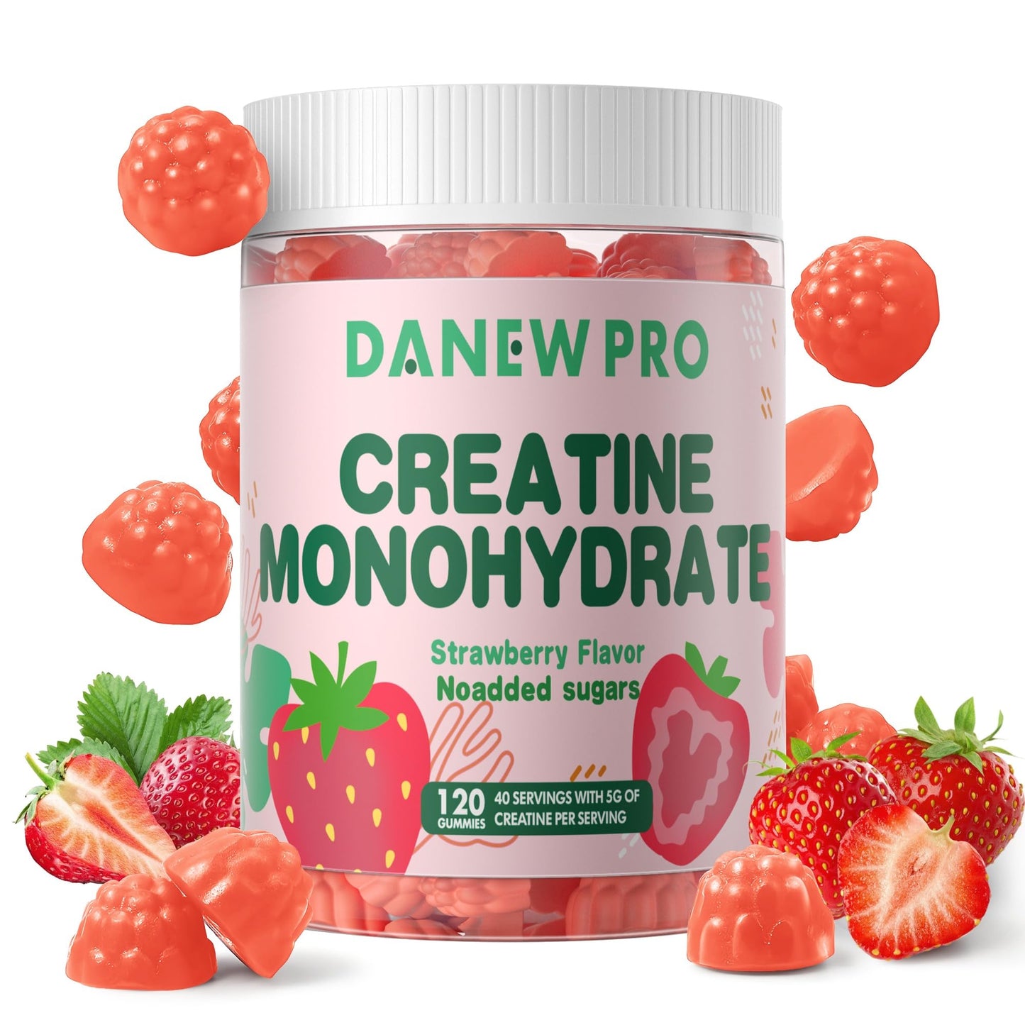 DANEW Pro Creatine Monohydrate Gummies for Men & Women, Creatine Monohydrate for Muscle Strength, Muscle Builder, Energy Boost, Pre-Workout Supplement(120 Count)-Strawberry Flavor